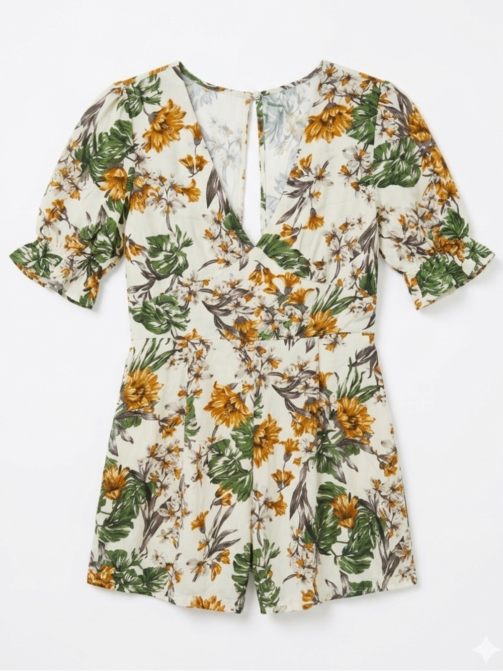 Floral V-Neck romper - Cream with Mustard & Green